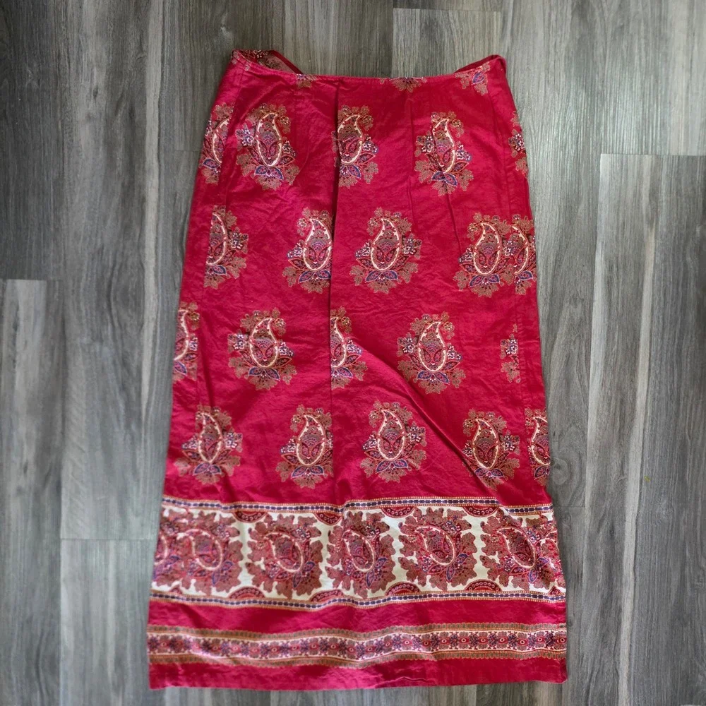 Liz Claiborne Lizwear Red Paisley Cotton Maxi Skirt Beaded Trim Size 6